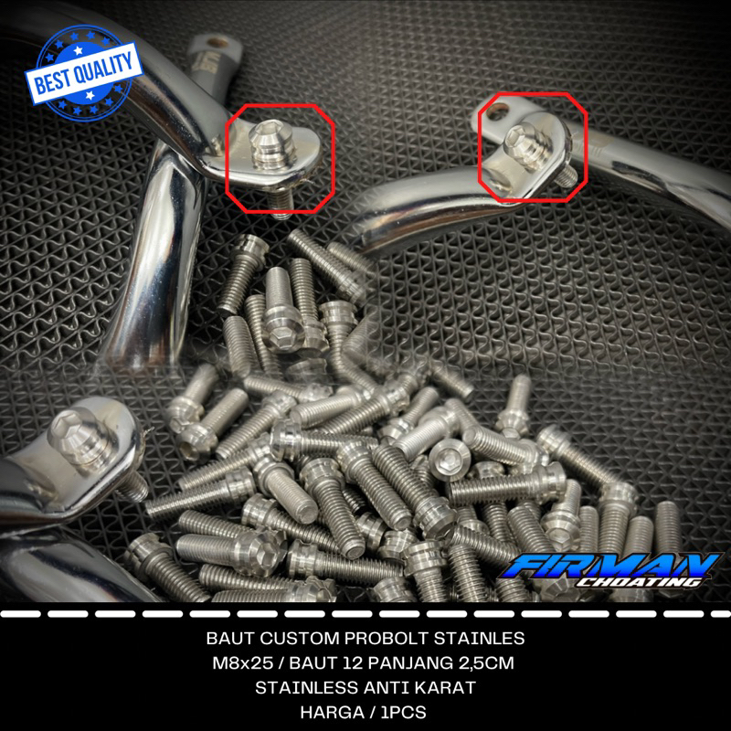 BAUT CUSTOM PROBOLT M8x25 DRAT 12 2,5CM STENLIS ANTI KARAT (Harga/1biji)