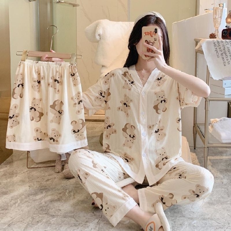 JUAL RUGI REJECT dari pabrik | Baju Tidur Wanita Motif Import 3 in 1 | Pajamas Wanita Celana Panjang