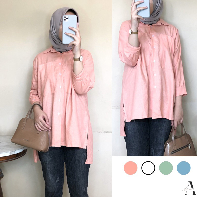 Tunik Wanita Bahan Linen Kemeja Office Jumbo LD 130 Oversized Shirt