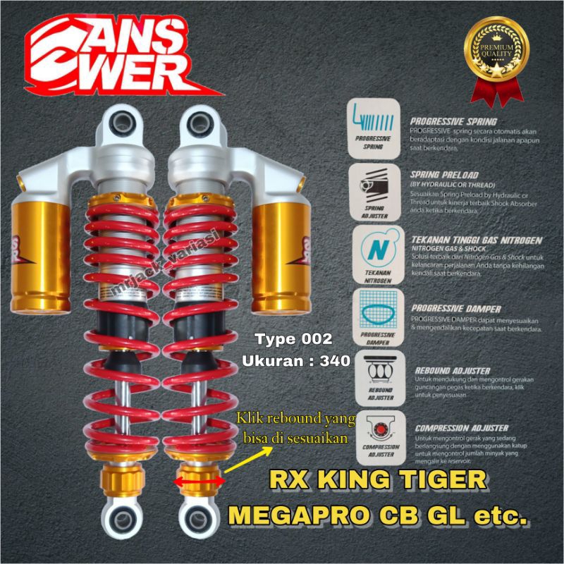 Shock Belakang bebek RX KING TIGER MEGAPRO GL CB SUPRA JUPITER VEGA ZR SMASH ANSWER-002 UKURAN 270/3