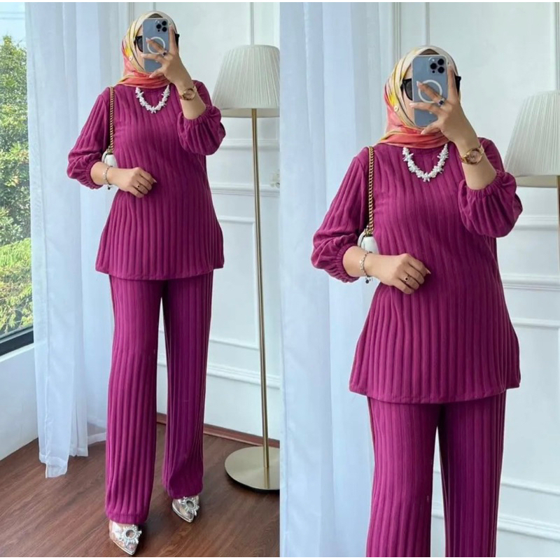 denolla set setcel kaos knit tangan karet setelan celana wanita kaos knit premium