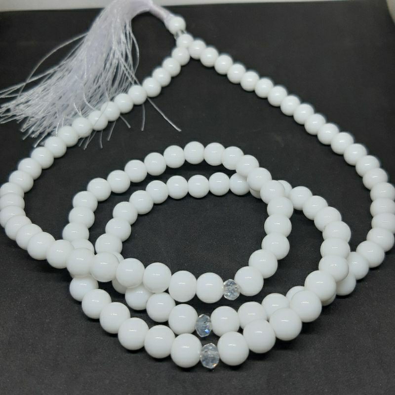 Kalung Tasbih Batu Giok Putih Susu 8mm 108Butir