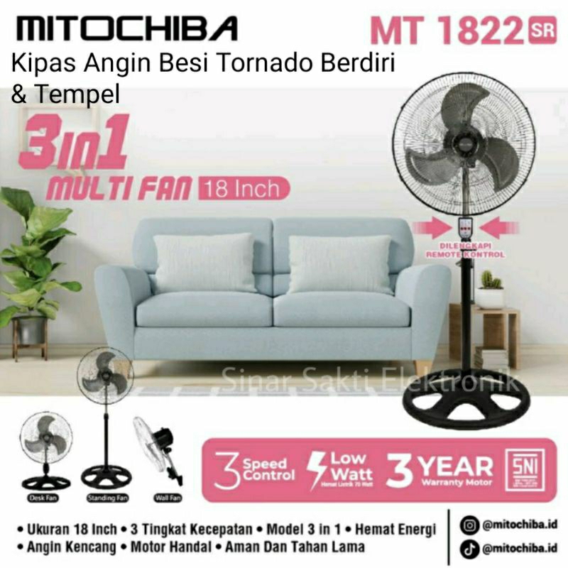 Mitochiba Kipas Angin Besi Tornado Mito Remote Berdiri 3 in 1 Tempel Dinding 1822SR 18 Inch 18&quot;