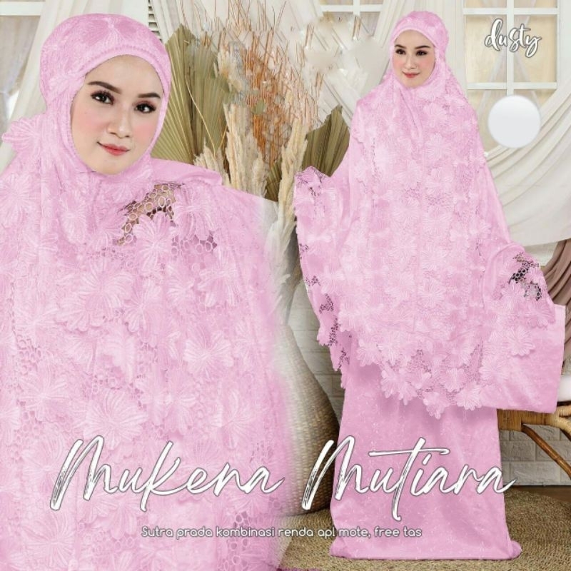 Mukena dewasa putih sutra Paris bordir mix renda mutiara Qaisha Turkey