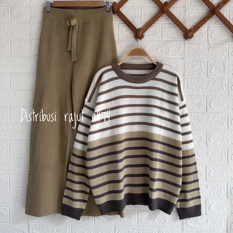 ONESET SWEATER TWIBY STRIPE SETELAN CELANA KULOT RAJUT DAN JOGER WANITA