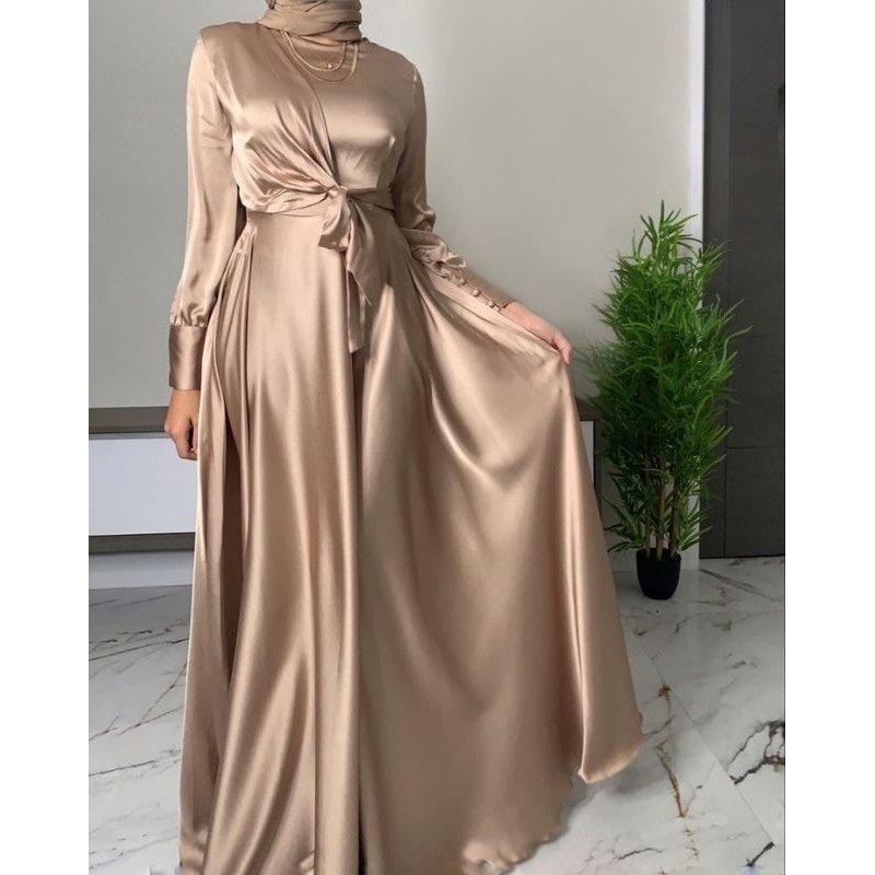 Aleta Dress - Dres Satin Tali Maxmara Silk | Bridesmaid Dress Kondangan Terbaru | Gamis Wanita Elegant | Gamis pesta Cantik | Gamis Lebaran