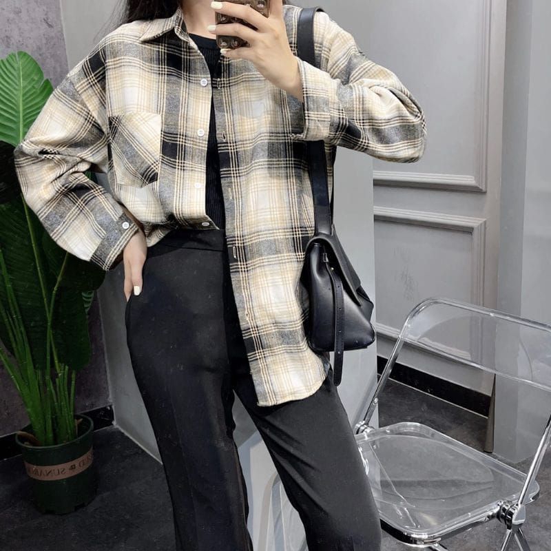 Atasan kemeja flanel wanita kemeja kotak wanita flanel
