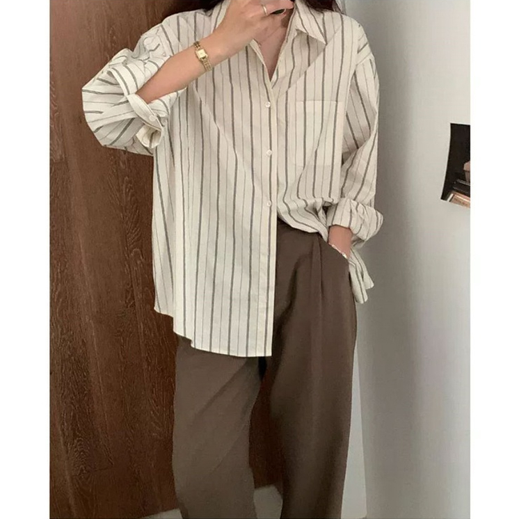 【 Penawaran Istimewa 】Kemeja Garis-garis Korean / Kemeja Oversize Lengan Panjang Import