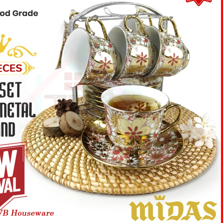 Cangkir Set I Tea Set Midas Gold Flower 13 Pcs + Rack