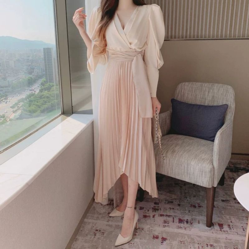 58500 Baju maxidress longdress ASYMETRICAL WRAP VNECK plisket lengan panjang baloon dres Korea Korea