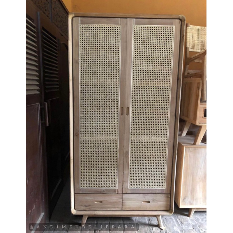 Lemari Pakaian Lemari Baju 2 Pintu Rotan Minimalis Retro Kayu Jati