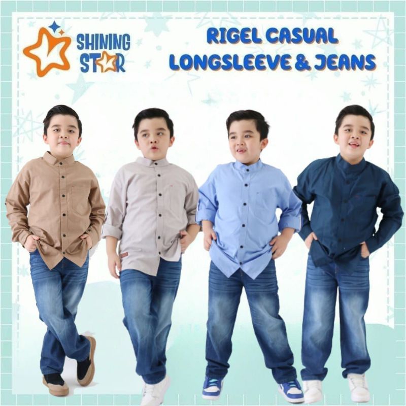 6-14T Setelan Rigel Casual Longsleeve & Jeans by Shining Star / Set Kemeja Lengan Panjang