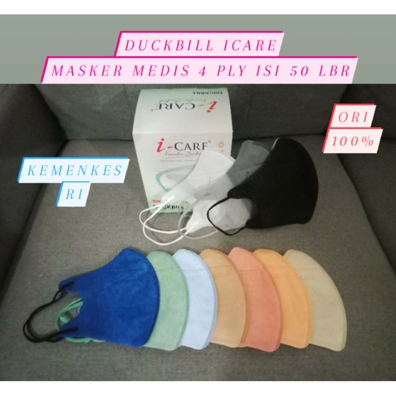 READY MASKER DUCKBILL ICARE I CARE 4 PLY HITAM PUTIH ABU BIRU SOFT MUDA KUNING PEACH MATCHA NAVY ADA EMBOS ICARE ISI 50 LBR PER BOX