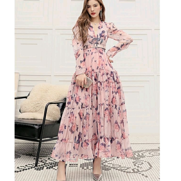 99220 Three M Baju maxidress longdress SAFFRON TIERED FLORAL MAXI DRESS hitam pink dres Korea Korean