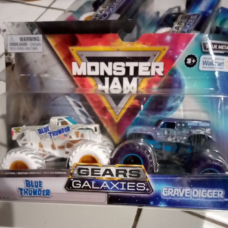 Spin Master Monster Jam Walmart Gears Galaxy Blue Thunder Vs Grave Digger