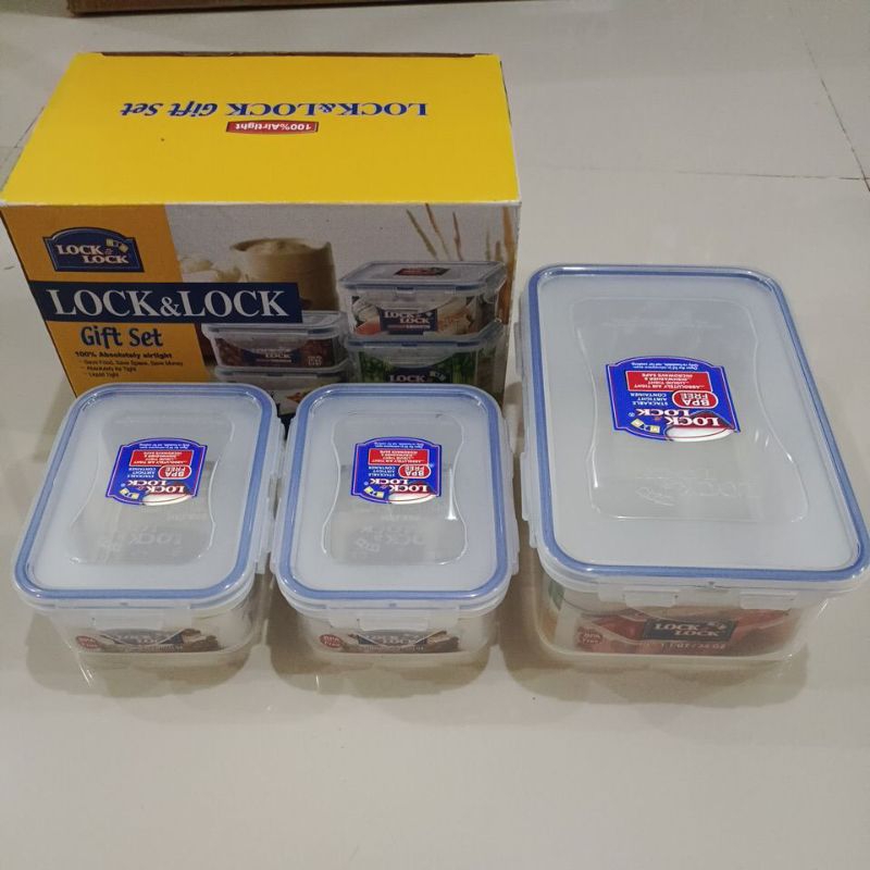 lock & lock gift set isi 3 350ml 11 oz 2pcs dan 1000ml 1 l 34oz 1pc absolutely airtight liquid tight