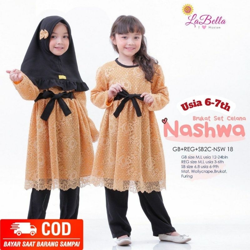 LABELLA SETELAN MUSLIM TUNIK BROKAT FORMAL ANAK CEWEK USIA 6-7 TAHUN BAJU BRANDED ATASAN TUNIK SELUT