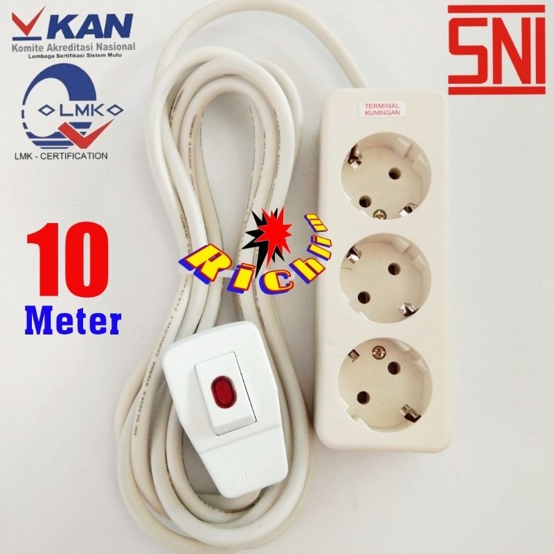 Stop Kontak Uticon 3 Lubang / 10 Meter Kabel Tembaga / Steker Lampu / Colokan Listrik