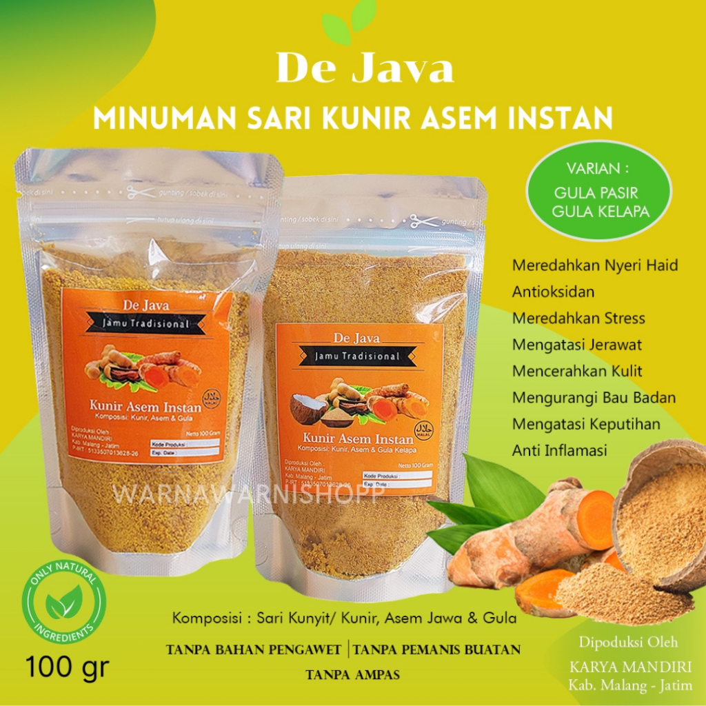 

* Kunir Asem Instan Dejava Kunyit Asam Bubuk Minuman Jamu Tradisional Sari Kunir Asem Tanpa Ampas Gula Putih Gula Kelapa Coconut Sugar 100 Gram Terlaris