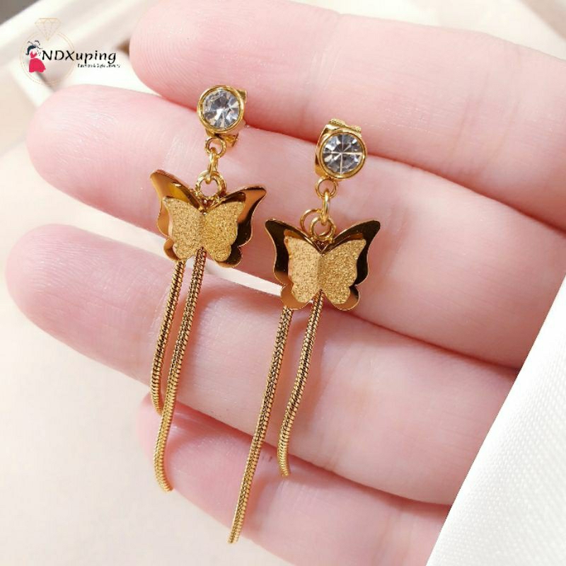 Anting Wanita Dewasa Juntai Permata Butterfly Gold Titanium N22032302