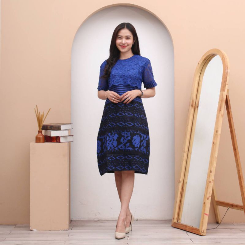 DRESS BROKAT KOMBINASI BATIK TENUN WARNA BIRU DONGKER NAVY NAVI
