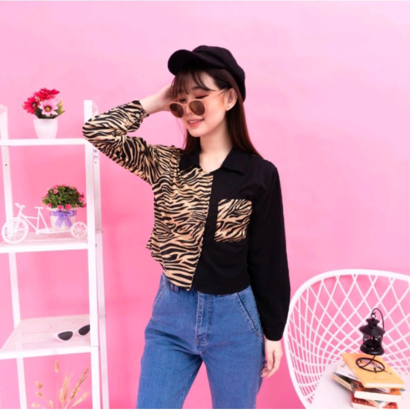 Kemeja wanita elegan kemeja two tone long Sleeve kemeja dua warna motif sapi& zebra