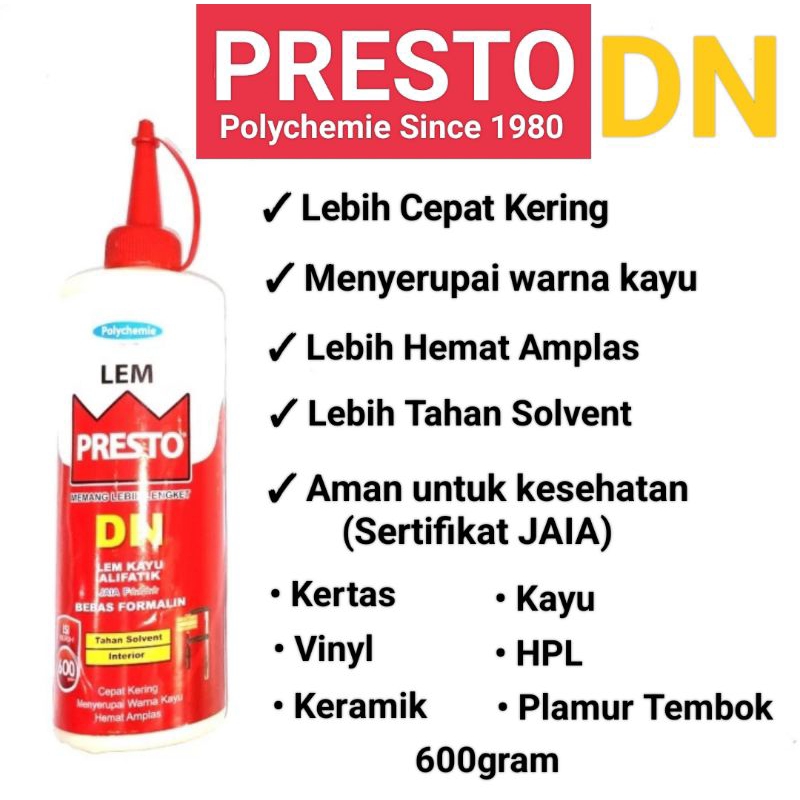 Lem Putih PVac Plamur Tembok Kayu Kertas Presto DN 600gram