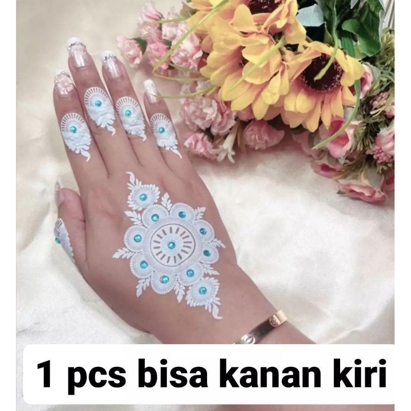 HENNA INSTAN, (Gratis Gliter &amp; Manik manik)  Henna stiker, henna tempel PUTIH 1 Lembar bisa tangan KANAN &amp; KIRI VOL 1