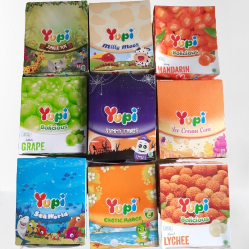 

Permen YUPI All Varian Rasa Isi 24 pcs per Box Jungle Fun / Milly Moos / Bolicious Mandarin / Grape / Gummy Fangs / Ice Cream Cone / Seaworld / Exotic Mango / Lychee