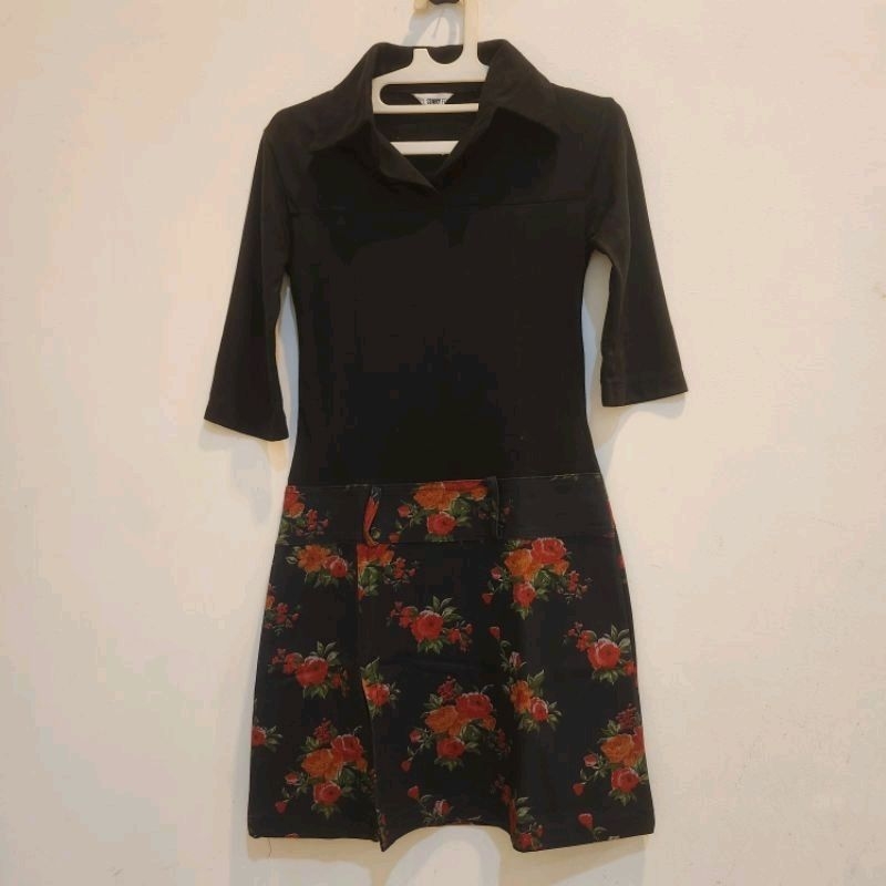 Dress bahan kaos kombi jeans motif bunga