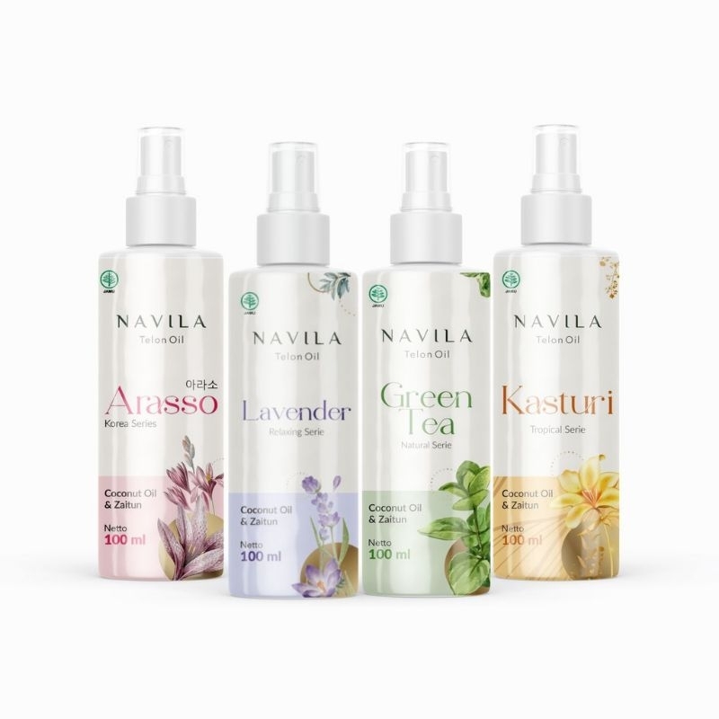 Navila Aromatic Telon Oil 100 ml Pump / Minyak Telon Oil Kasturi Green Tea Lavender Arasso