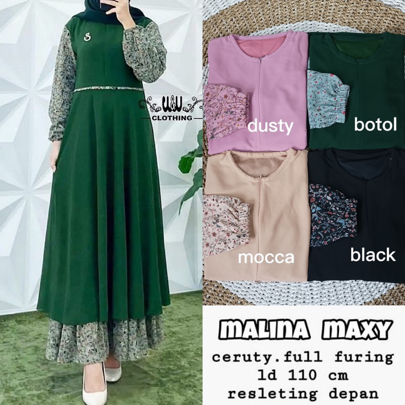 Malina Maxy - Gamis Ceruty Babydoll Full Furing Busui Resleting Depan / 566-7315