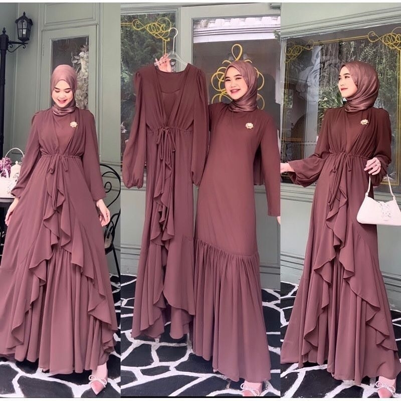 Arini gamis set long cardi dress kondangan terbaru maxi dres ceruty babydoll