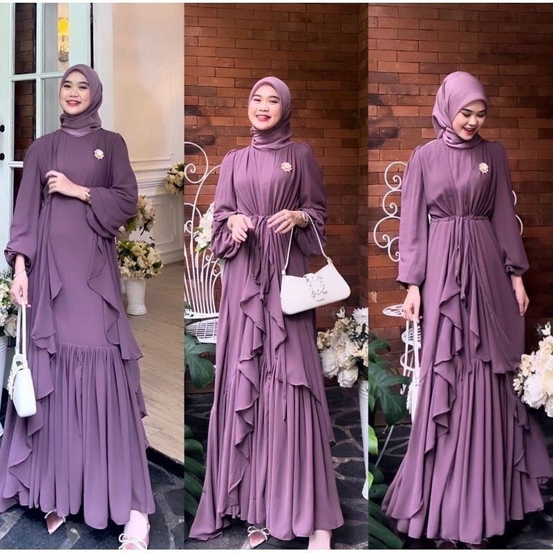 Arini gamis set long cardi dress kondangan terbaru maxi dres ceruty babydoll