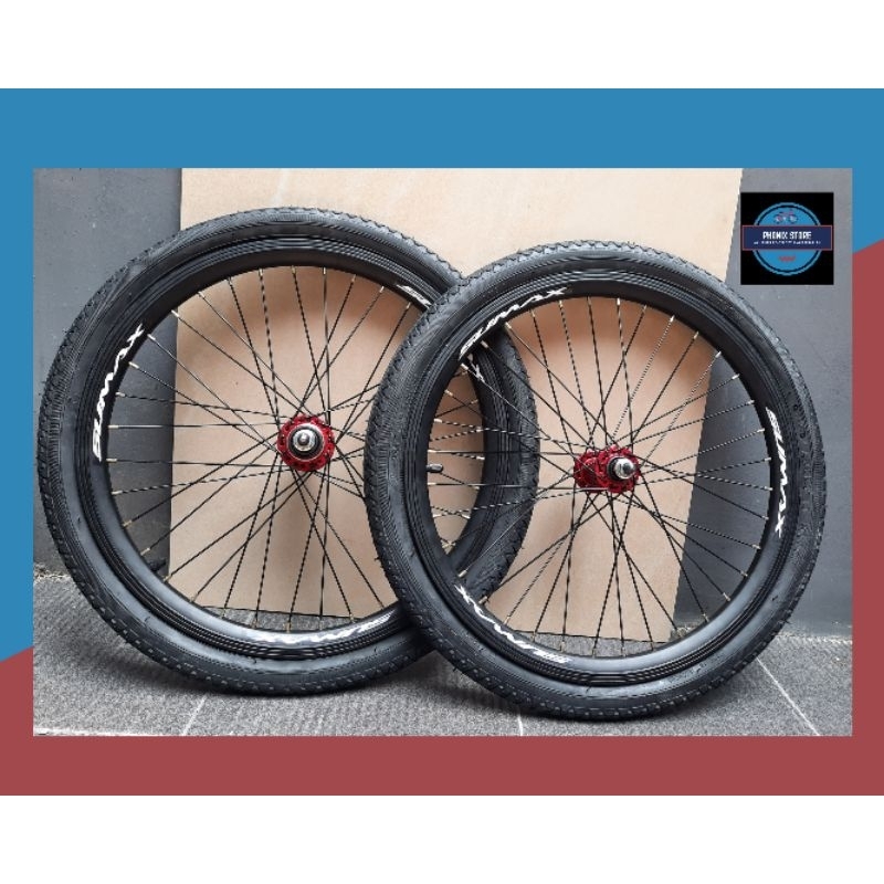 Sepasang Wheel Set 20 SUMAX 20 x 175 36 Hole × Bitex Merah Velg Jadi Pelk Jadi 20 Wheel set 20 Kompl