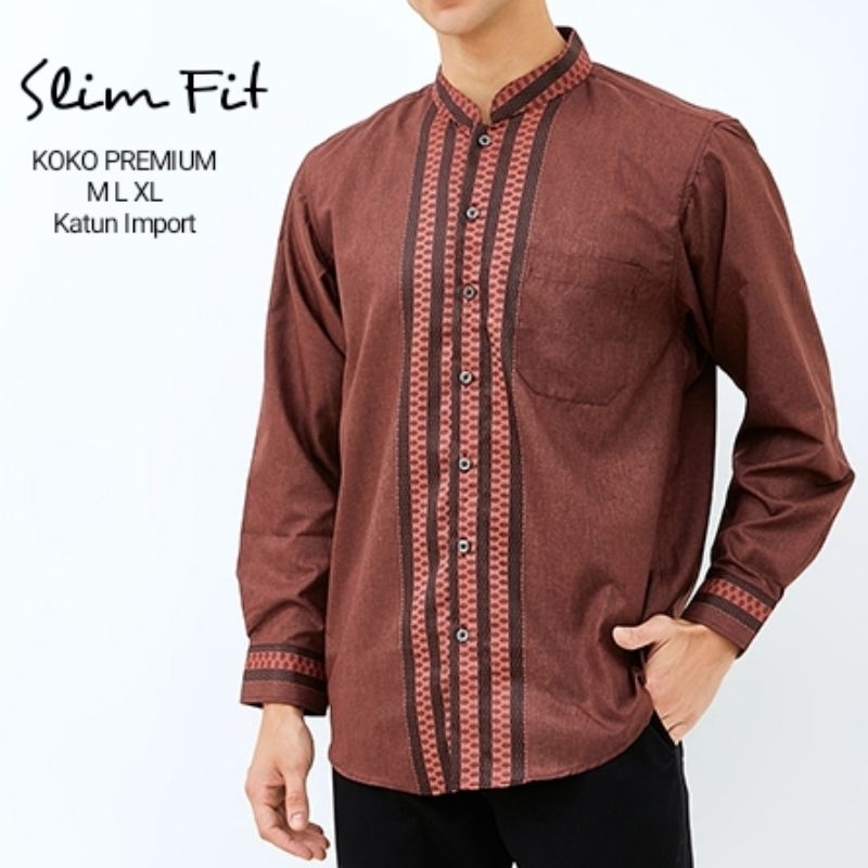 Hem Koko Maroon Burgundy Mewah Baju koko Slimfit Lengan Pajang ada kantong / saku