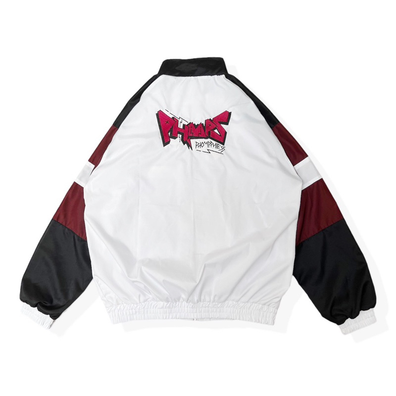 PHOMPPHIESS Jaket Retro Putih Strip Maroon Jacket Sport Pria Wanita