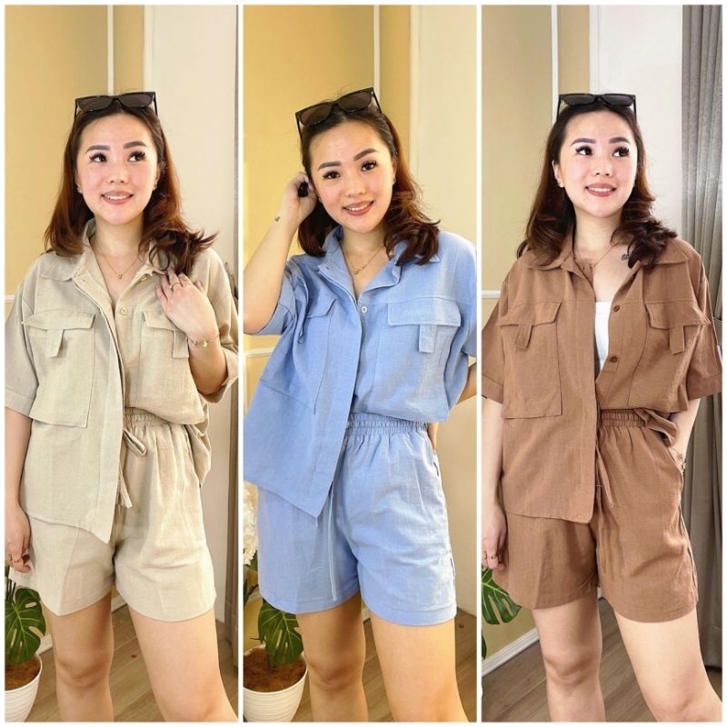 ♡ PREMIUM ♡ ORIGINAL ! PAULA 2 IN 1 POCKET SET COLLAR BUTTON SHIRT WITH SHORT PANTS / SETELAN KEMEJA &amp; CELANA PENDEK