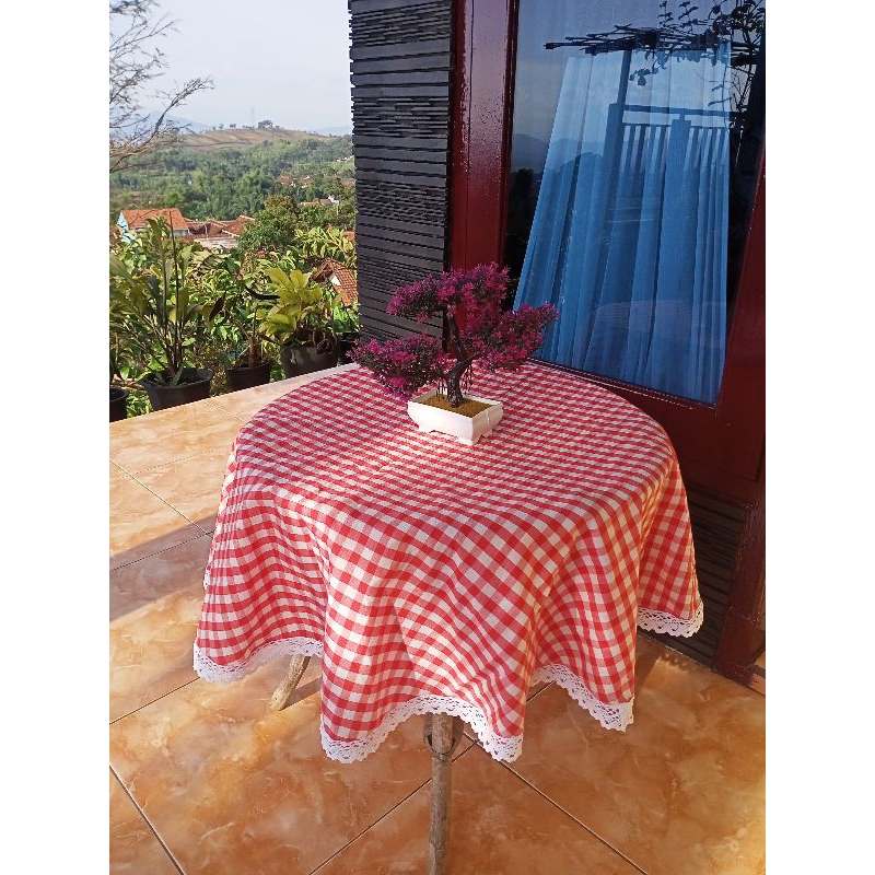TAPLAK MEJA BULAT KELILING RENDA RAJUT ESTETIK KEKINIAN MOTIF KOTAK KOTAK GINGHAM ALA KOREA BISA COD