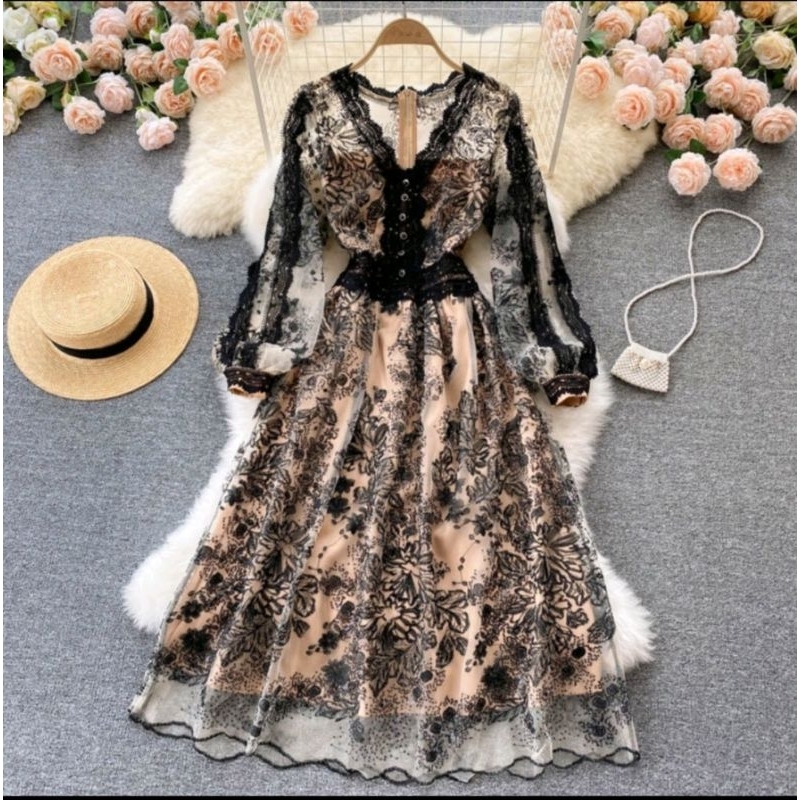 VN AGA BLACK LACE DRESS / DRESS PESTA PARTY EMBRIODERY EXCELLENT