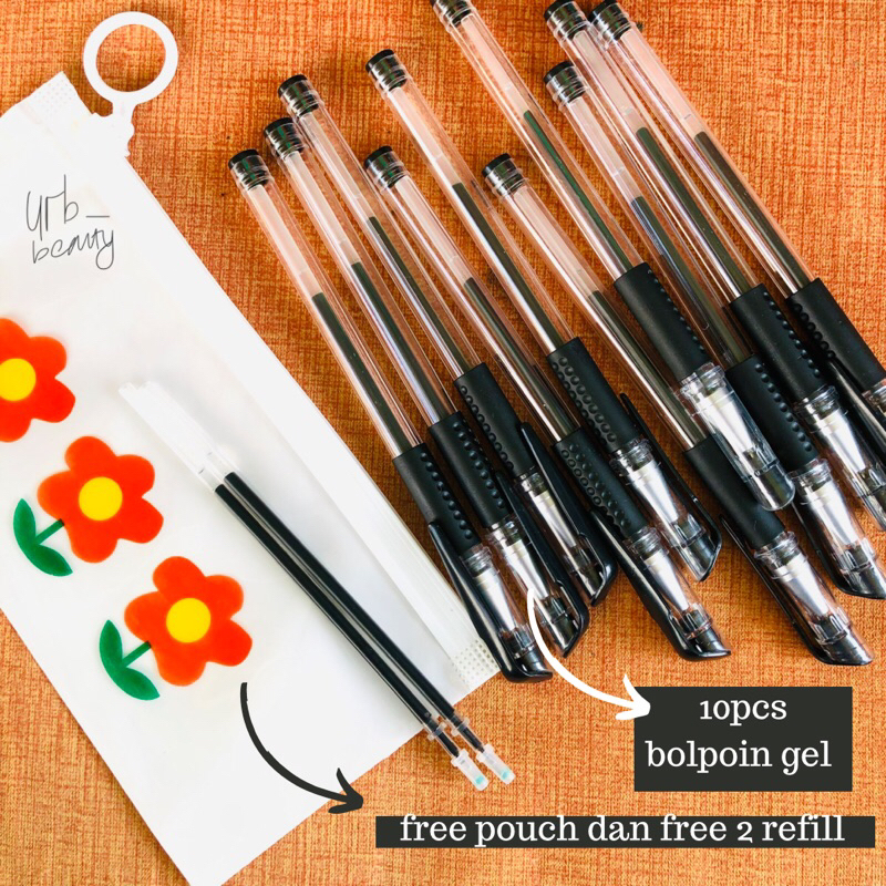 

(Free pouch dan free refill) Satu Set Bolpoin Pen Bulpen Gel 0,5 isi 10 free pouch