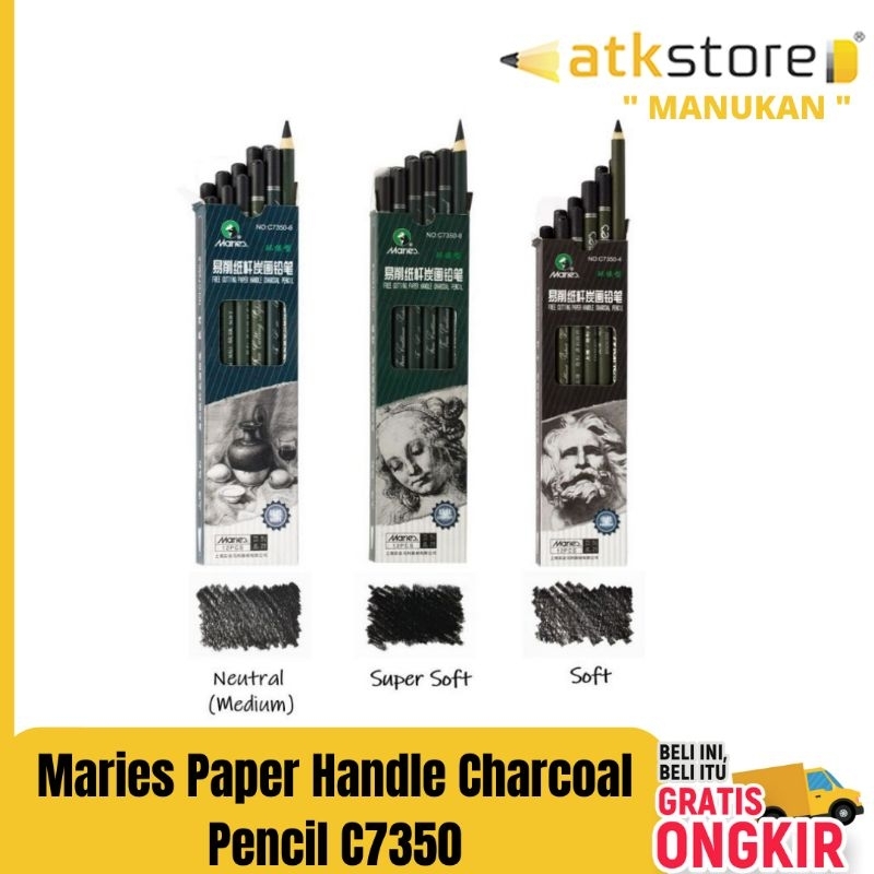 

Maries Paper Handle Charcoal Pencil C7350 neutral, soft, super soft || Pensil Charcoal Maries netral soft & extra soft / pensil arang hitam pekat