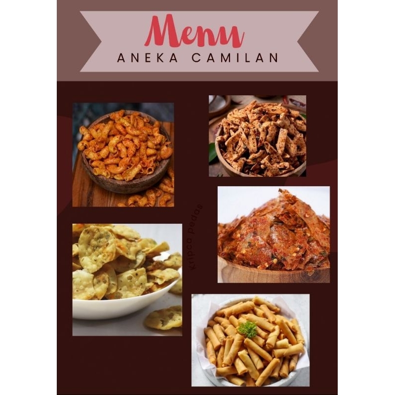 

[ANEKA CAMILAN ENAK]... Cacaca 40gr, Basreng pedas 40gr, Kripca pedas 40gr, Makaroni pedas 45gr, Gungek 45gr, Sumpiah udang 80gr (Renyak kriuk. Khusus pembelian 10pcs gratis ongkir)