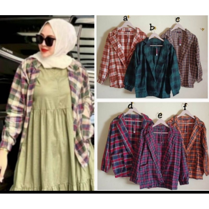 Blazer flanel kotak kotak jevanni lengan panjang wanita