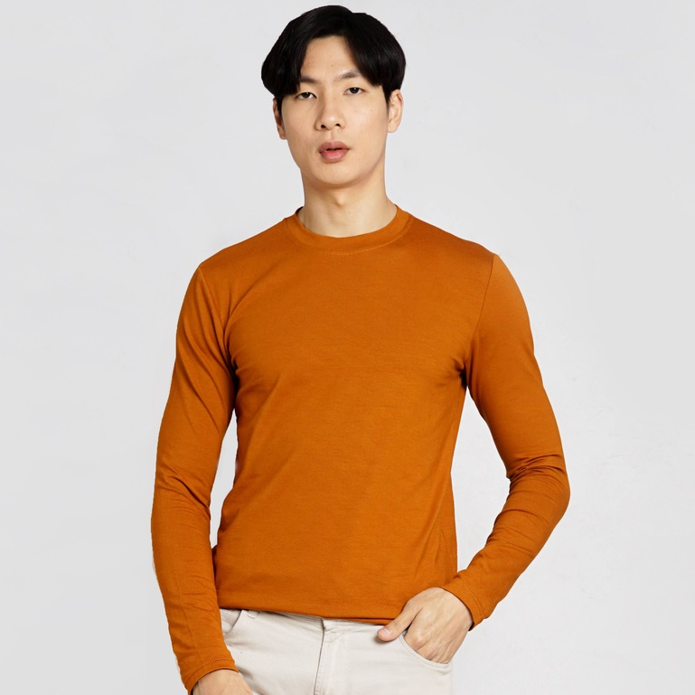 Barzini BRANDO Kaos Pria Polos Premium Lengan Panjang Coklat