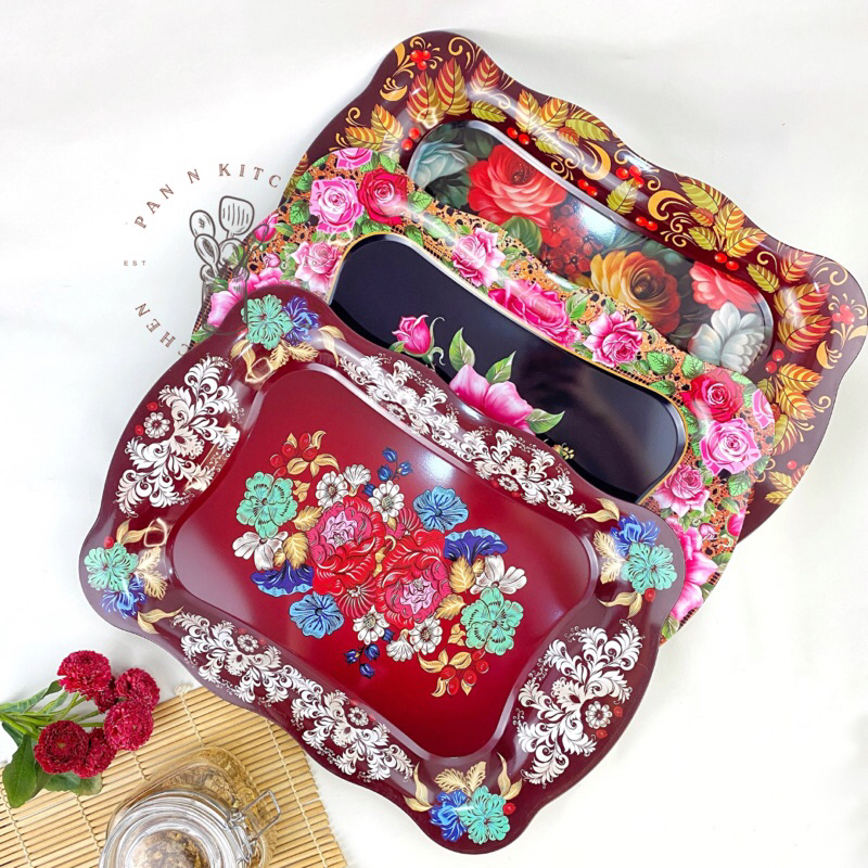 Baki/ Nampan Talam Motif Kembang (BESAR)/ Nampan Saji Seng Motif/ Baki Penyaji Kotak Souvenir Oleh-o