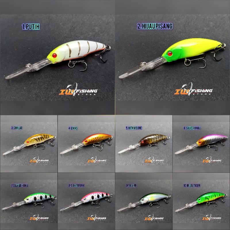 Lure minow floating lidah panjang deep bodi 6 cm total+lidah 10 cm berat 7 gram untuk umpan mancing 