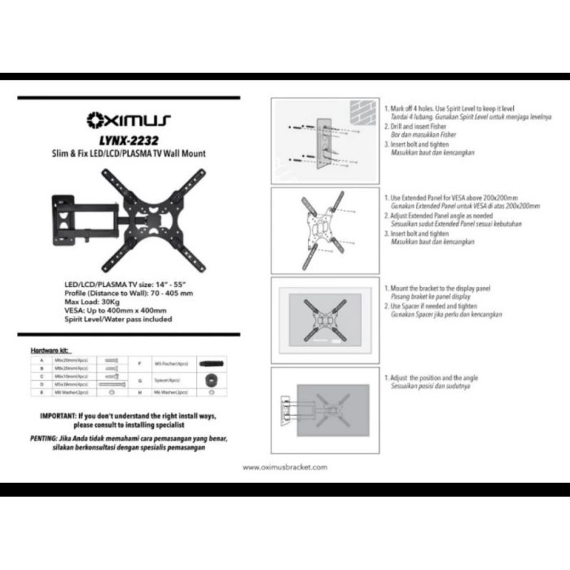 2232 14&quot; - 55&quot; OXIMUS LYNX 2232 BRACKET TV LED LCD MONITOR WALL TILT SWIVEL BRAKET