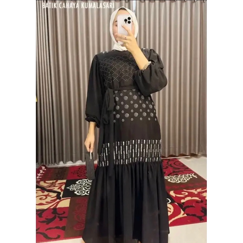fatimah drees wanita lengan balon bahan airflow crinkle kombinasi batik katun halus premium motif ke