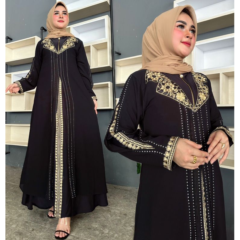 GAMIS ABAYA TURKEY BORDIR MOZAIK KOTAK GOLD